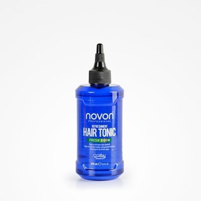 Frasco azul de tónico capilar Novon Professional com aplicador e rótulo branco e verde.