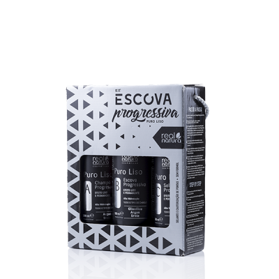 Kit de escova progressiva Real Natura Puro Liso em caixa cinza com padrões brancos