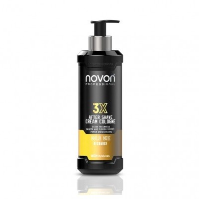 Frasco preto de loção after shave Novon Professional 3X com tampa dosadora