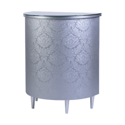 Móvel redondo cinzento com padrão floral e topo de vidro