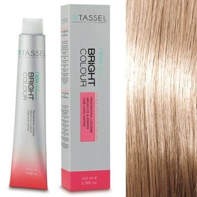 Tinta de cabelo Tassel Bright Colour em embalagem e tubo ao lado de amostra de cabelo louro claro