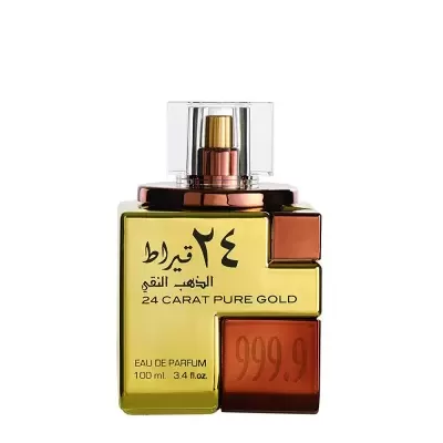 Frasco de perfume 24 Carat Pure Gold, vidro transparente amarelo e cobre, texto em árabe e inglês