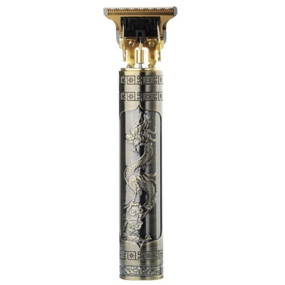 Aparelho de barbear elétrico cinza e preto com dragão dourado e lâminas douradas