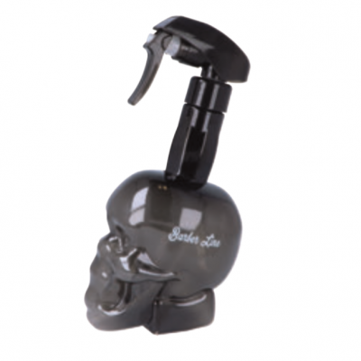 Pulverizador preto em forma de caveira com inscrição Barber Line