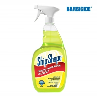 Frasco de spray Ship-Shape amarelo com rótulo colorido e logo Barbicide