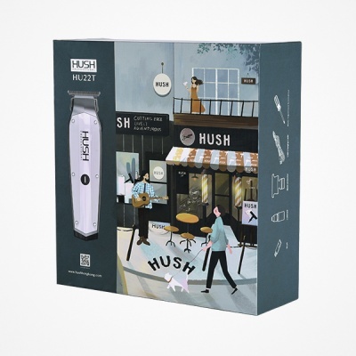 Caixa de corte de cabelo HUSH HU22T com ilustração de rua e loja HUSH