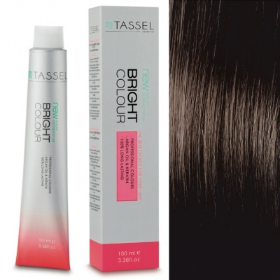 Tinta de cabelo Tassel Bright Colour em tubo e caixa, e cabelo castanho escuro brilhante