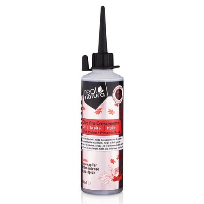 Frasco de óleo para crescimento capilar com tampa aplicadora e rótulo branco, preto e vermelho.