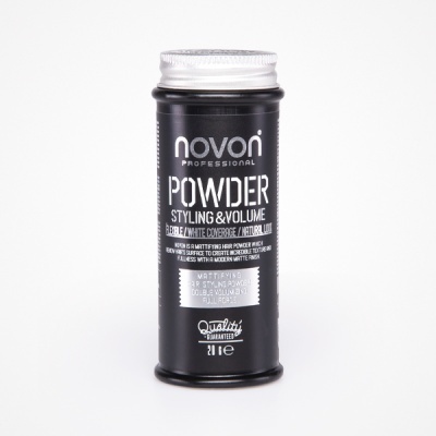 Frasco preto fosco de pó para cabelo Novon Professional com tampa prateada