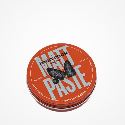 Lata redonda de cera para cabelo laranja com textos cinza e preto da marca Men Rock