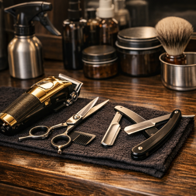 Conjunto de barbear com tesoura, máquina de cortar cabelo, navalhas, pincel de barbear e frascos em balcão de madeira