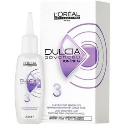 Frasco branco com tampa fina e caixa branca com texto e detalhes roxos do produto L'Oréal Dulcia Advanced para cabelo.