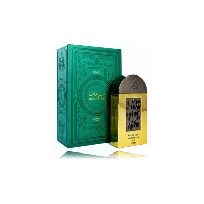 Frasco de perfume dourado MAHARAJAH GOLD com caixa verde decorada