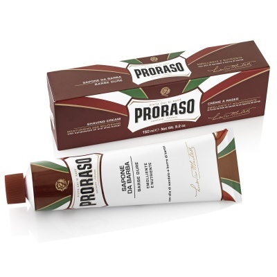 Creme de barbear Proraso em tubo branco com caixa castanha verde e branca
