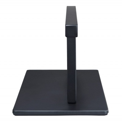 Base de suporte preta em metal com base quadrada e braço vertical