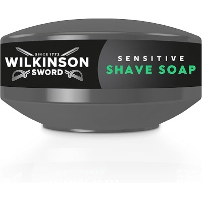 Embalagem redonda cinzenta de sabonete de barbear Wilkinson Sword Sensitive