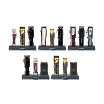 Conjunto de máquinas de cortar cabelo Wahl em várias cores com bases pretas etiquetadas WAHL