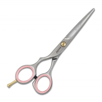 Tesoura de corte profissional em aço inoxidável com anéis rosa.