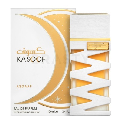 Frasco e caixa de perfume Asdaaf Kasoof branco e dourado com padrão zig-zag