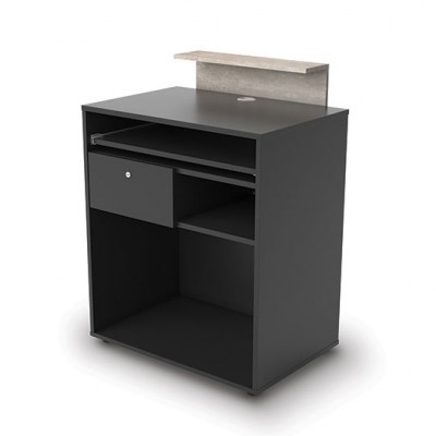 Móvel de escritório preto com gaveta e bancada cinza claro