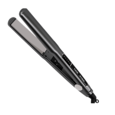 Alisador de cabelo preto com placas prateadas e indicador LED