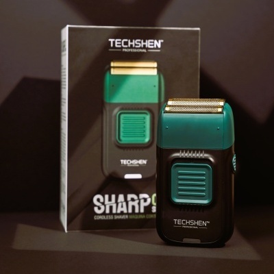 Aparelho de barbear elétrico TECHSHEN preto com detalhes verdes e lâmina dourada