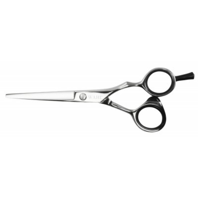 Tesoura de corte profissional em metal inoxidável com cabo preto e logótipo WAHL