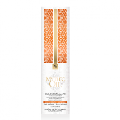 Embalagem de óleo cintilante Mythic Oil da L'Oréal Professionnel, branca e laranja com texto dourado e preto.