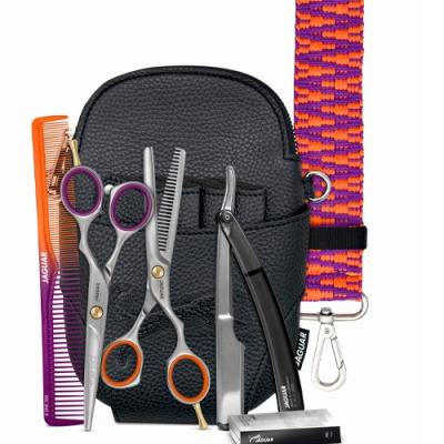 Conjunto de ferramentas de cabeleireiro Jaguar com bolsa preta e cinto colorido