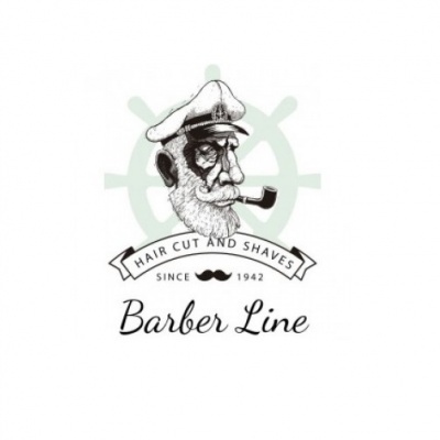 Logótipo do Barber Line com desenho de barbeiro com boné e cachimbo