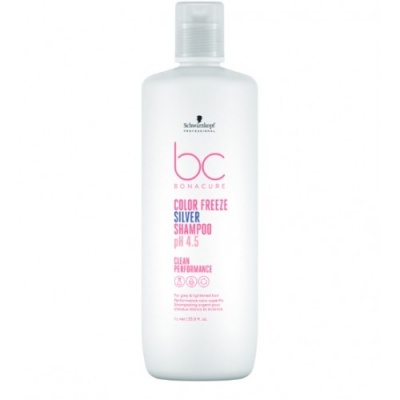 Frasco branco de champô Schwarzkopf BC Bonacure Color Freeze Silver Shampoo com texto rosa e azul