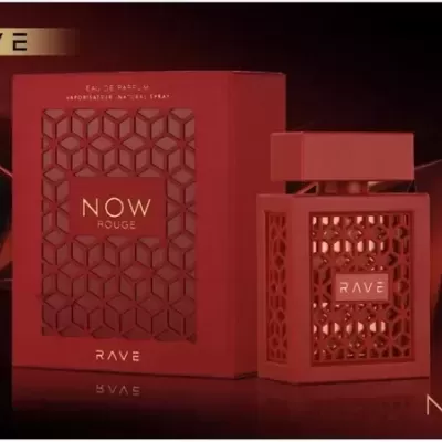 Frasco de perfume vermelho RAVE NOW ROUGE com embalagem em padrão geométrico