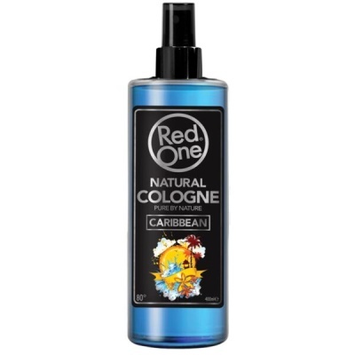 Frasco azul de colónia natural Red One Caribbean com rótulo preto e spray