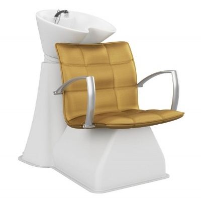 Cadeira de salão com lavatório branco e assento amarelo mostarda.