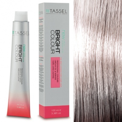 Tubo e caixa de tinta de cabelo TASSEL BRIGHT COLOUR ao lado de amostra de cabelo cinza prateado
