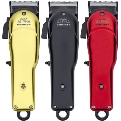 Máquinas de cortar cabelo Gamma+ Absolute ALPHA dourado, preto e vermelho.