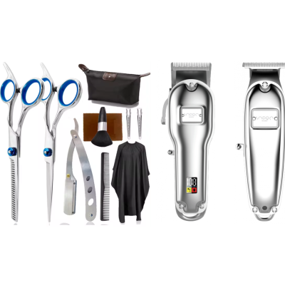 Kit de cabeleireiro com máquinas, tesouras, pente, capa, escova, presilhas, navalha, pano e bolsa