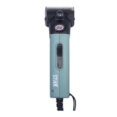 Máquina de cortar cabelo e pelos azul claro com lâminas metálicas e texto STAK e START