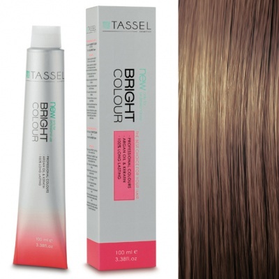 Tubo e caixa de tinta para cabelo Tassel Bright Colour e amostra de cabelo castanho