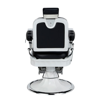cadeira de barbeiro preta e branca com base cromada