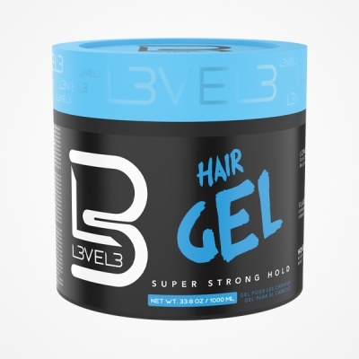 Frasco preto e azul de gel para cabelo LEVEL3