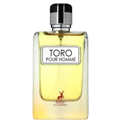 Frasco de perfume masculino TORO POUR HOMME em vidro transparente com tampa preta e prata