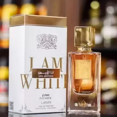 Frasco e caixa de perfume I AM WHITE ANA ABIYEH em vidro e caixa branca