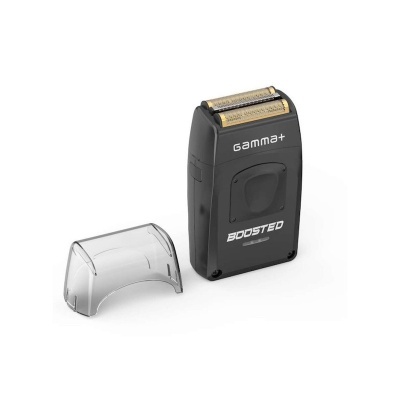 Aparelho de barbear elétrico preto Gamma+ BOOSTED com tampa transparente ao lado