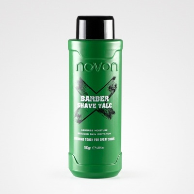 Frasco verde de plástico talco para barbear Novon com tampa preta