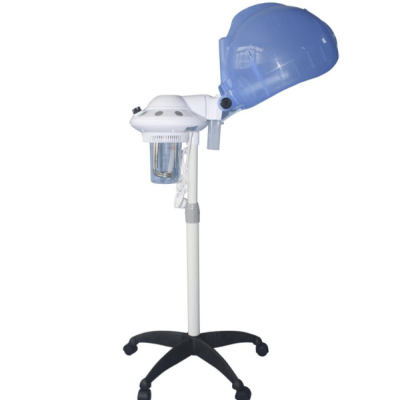 Máquina de vapor para cabelo com cúpula azul e base preta com rodas