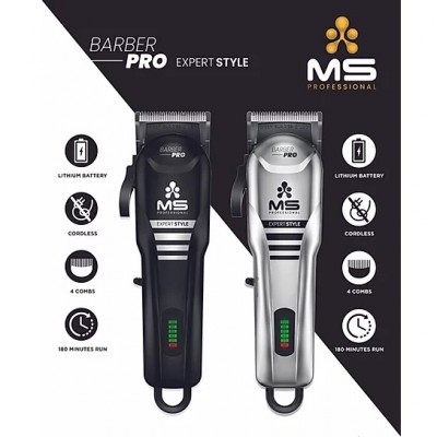 Duas máquinas de cortar cabelo MS PROFESSIONAL BARBER PRO, uma preta e outra prateada, com acessórios e descrição de características.