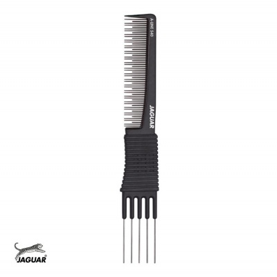 Pente preto para cabelo com cabo metálico e texto JAGUAR