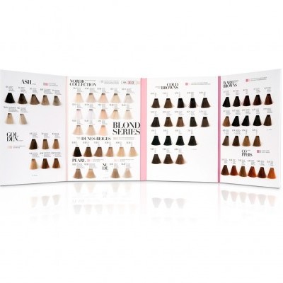 Paleta de cores para tintura de cabelo com várias amostras de tons castanhos, loiros e ruivos em display de papel