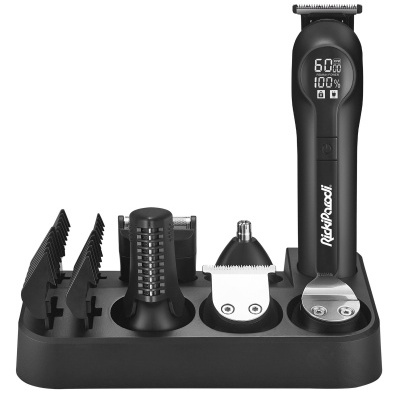 Aparelho de barbear preto com acessórios e base